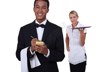 餐厅工作人员软垫餐巾顾客燕尾服领结手指衬衫职员裙子服务员图片