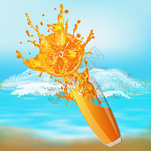 新鲜果汁橙色海浪海滩幸福白色晴天情调休息蓝色水果插图图片