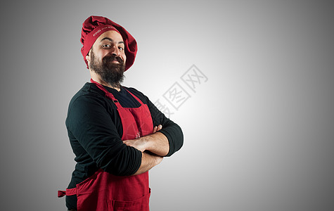 快乐的胡须胖胖大厨烹饪厨师手势餐厅美食职业微笑工人食物厨房图片