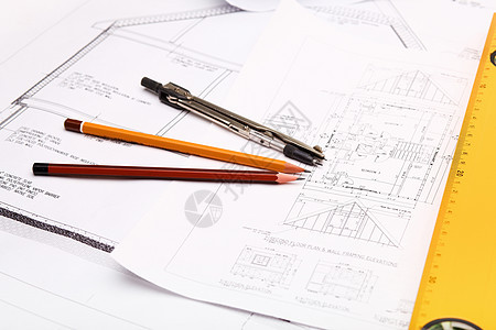 附有草图的工具和文件工程技术办公室计算机蓝图房子打印扳手测量商业图片