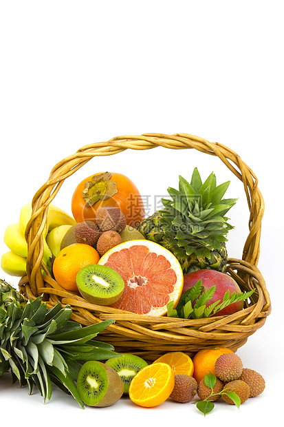 新鲜水果香蕉热带柳条奇异果食物白色柿子杂货店篮子柚子图片
