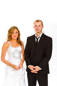 工作室的新娘和Groom女孩婚姻男人套装裙子婚礼正装女士白色夫妻图片