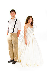 工作室的新娘和Groom丈夫女孩婚礼两个人婚纱男性妻子白色裙子吊带裤图片