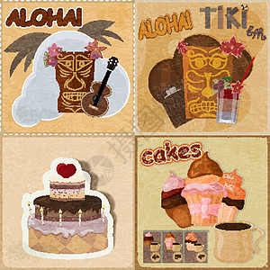 带食物和夏威夷面罩的一套古年贺卡-请柬背景图片