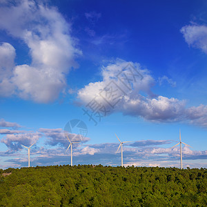 松树山蓝天空中的绿色电能 风车环境旋转力量发电机蓝色金属国家活力螺旋桨树木图片