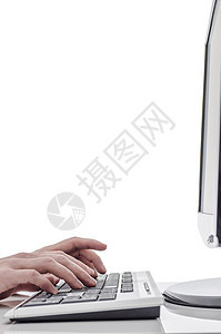 键盘上的男人打字职场冲浪工作白色木板男性经理手臂电脑员工图片