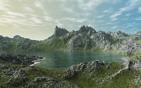 山区湖绿色环境海浪顶峰石头蓝色荒野白色天空岩石图片