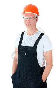 身戴硬帽子和眼镜的成年工人橙子男人安全帽毛衣衬衫中年头巾灰色衣领牛仔裤图片