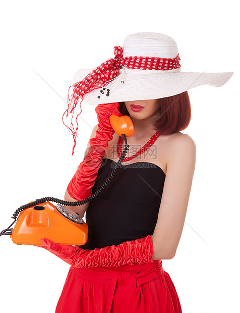 旧式时装女郎 用老式电话低领配件性欲黑发女士姿势亚麻上诉魅力帽子图片