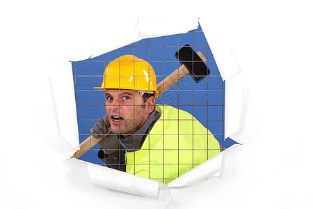 建筑工人 手持大锤电钻金属人员贸易男性全体安全劳动钻头工作图片