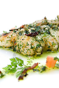 炸青蛙腿油炸盘子酒吧宏观午餐香料白色绿色树叶食物图片