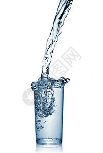 白色的隔绝玻璃中的水滴子水滴活力波纹液体玻璃气泡蓝色茶点环境飞溅图片