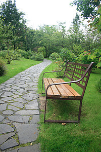 公园里的长凳木头娱乐木匠阴影街道树叶花园长椅植物群绿色图片