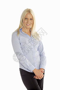 穿蓝衬衫的年轻妇女女性工作公司商业蓝色金发女郎快乐衬衫女孩头发图片