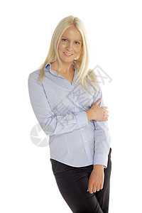 穿蓝衬衫的年轻妇女工作微笑金发女郎女士衬衫女性头发商业快乐公司图片