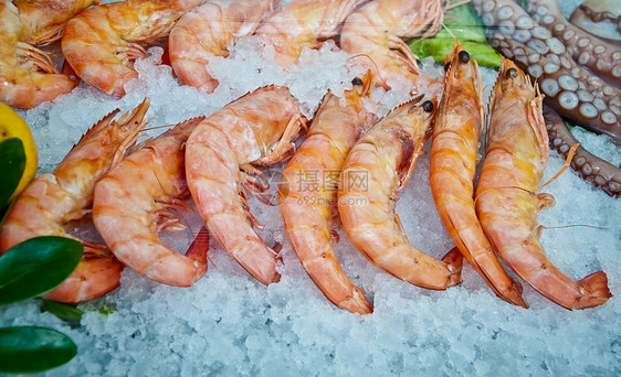 新鲜海鲜乌贼章鱼龙虾市场香葱柠檬海洋饮食食物盘子图片