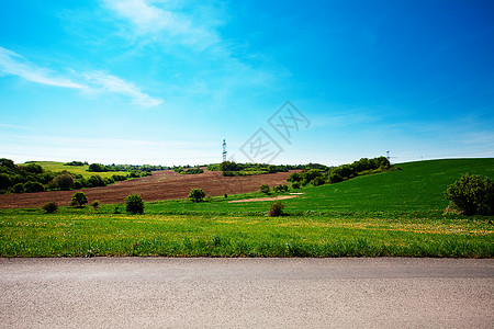 草地和电线对着蓝天土地天空晴天场地太阳车道天气全景牧场树木图片