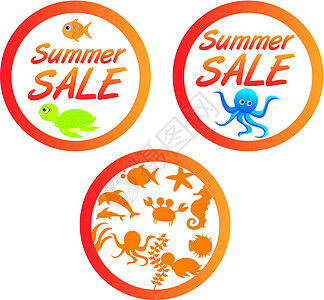 夏季销售标签动物旅游插图贴纸旅行章鱼收藏价格交易按钮图片