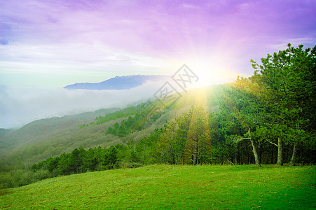 山中美丽的日落薄雾旅行射线天堂太阳森林天气晴天土地爬坡图片