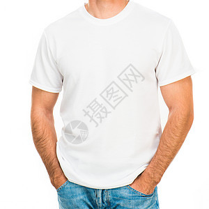 关于一名年轻人的白色T恤衫男生纺织品身体广告衣柜裙子工作室男性服饰牛仔裤图片