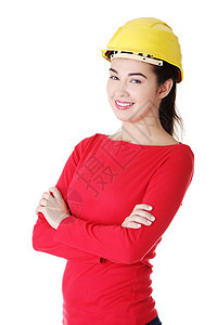 佩戴头盔的自信女工的肖像建筑师员工女性建筑学安全帽子商业人士商务建造图片
