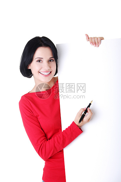 快乐的女人用笔写在空白板上生意人职业微笑横幅手臂展示商业人士海报教育图片