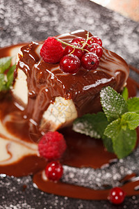 巧克力芝士蛋糕和浆果卷发奶油奢华覆盆子糕点巧克力馅饼薄荷盘子焦糖图片