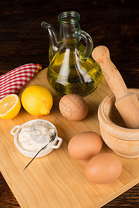 蛋黄酱小菜食物用具柠檬烹饪奶油静物奶油状砂浆切菜板图片