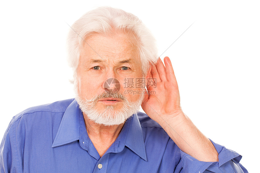 年长男子用手握着耳朵老年男人灰色男性胡须祖父头发胡子白色图片