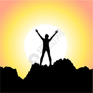 举手的女孩的矢量轮廓日落艺术冥想岩石天空喜悦女性登山者旅行太阳图片
