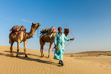 Cameleer骆驼司机和骆驼在Thar沙漠的沙丘骆驼夫男性航程旅游活动运输异国旅行冒险反刍动物图片