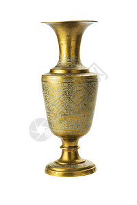 白色背景的黄色青铜花瓶古董艺术金子复古雕刻小路水壶艺术品装饰压花图片