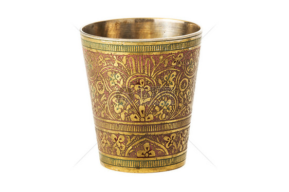 白底带装饰品的铜杯古铜色水壶复古风格玻璃黄铜投手花瓶艺术圣杯图片