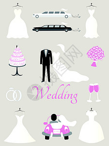 婚礼要点面纱贴纸男人夫妻钻石戒指收藏卡片新娘花束背景图片