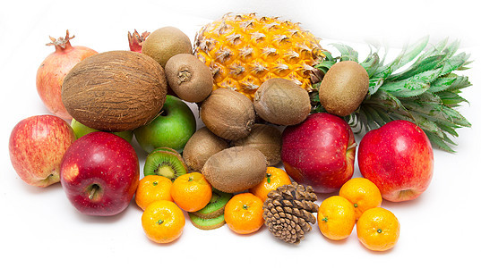 白色背景的蔬菜和果实菠萝红色反射可可食物坚果奇异果皮肤水果石榴石图片