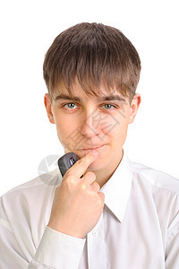 青少年在思考思维智力头脑男性正装电话白色算术衬衫计算图片