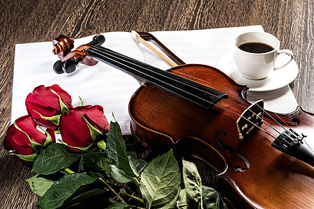 Violin 玫瑰 咖啡和音乐书籍仪式小提琴古董歌曲手臂旋律艺术木头笔记细绳图片