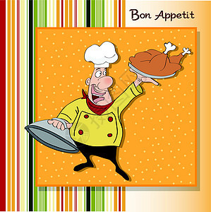带着食物盘子的有趣的漫画厨师美食厨房标签微笑酒馆咖啡店晚餐乐趣餐厅菜单背景图片
