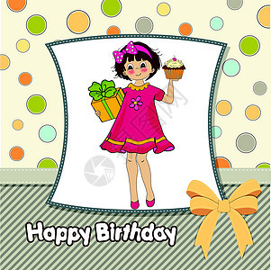与女孩和大纸杯蛋糕的贺卡生日美食周年孩子们插图礼物盒蜂蜜乐趣纪念日礼物图片