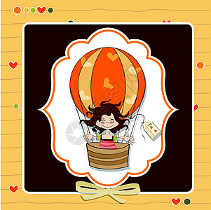 快乐的少女乘气球飞翔水池喜悦卡通片插图幸福庆典展示苍蝇情怀卡片背景图片