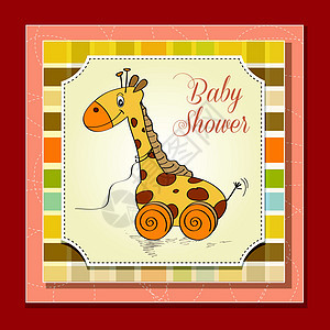 带有可爱长颈鹿的婴儿淋浴卡插图孩子轮子女孩乐趣童年派对卡片公告男生图片