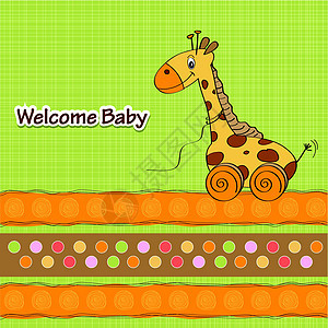 带有可爱长颈鹿的婴儿淋浴卡女孩男生孩子插图童年喜悦派对木头轮子快乐图片