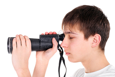 有单胞胎的青少年玻璃手表镜片乐器光学观察者白色望远镜单目间谍图片