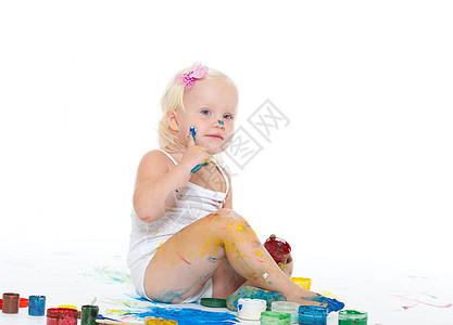 带着亮色睡在床上的小女孩女孩们幼儿园水彩艺术微笑白色孩子水粉油漆创造力图片
