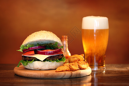 三明治薯条大汉堡包垃圾小吃包子面包种子牛肉汉堡午餐烧烤食物背景