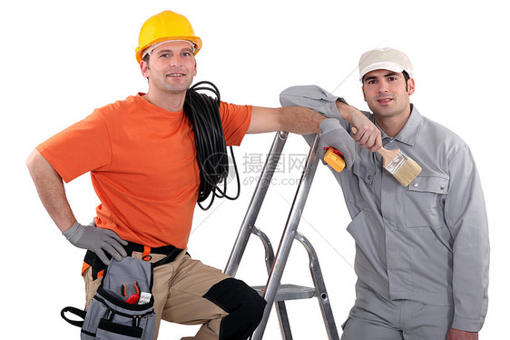 电气和画家微笑职员帽子电工职业电缆房子制造业企业家生产图片
