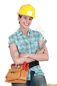 女建筑工头盔工具钱包企业皮革职业工匠黄色裤子知识图片
