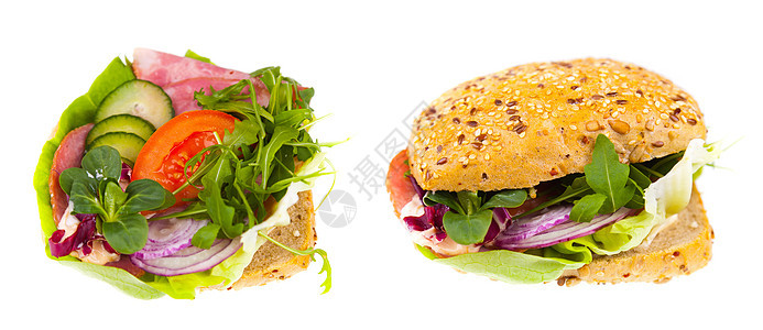 美味又健康的三明治洋葱午餐蔬菜面包早餐火腿黄瓜小吃食物图片