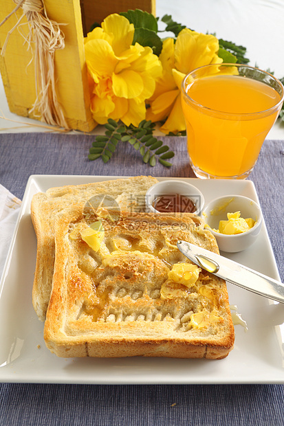 早安 吐司黄油营养烹饪美食花朵橙汁食物稻草面包味道图片