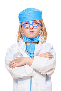 男孩扮演医生医疗乐趣童年白色双臂孩子长发男生考试背景图片